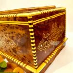 Wooden Jewelry Box with Mirror – Vintage Moroccan Thuya Box with Key, handcrafted Thuya burl wood with intricate designs.